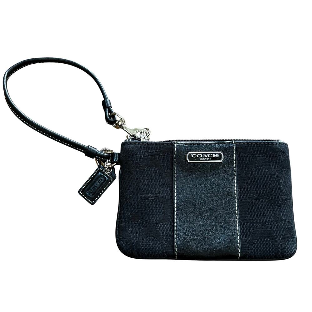 Coach black wristlet leather & signature logo canvas top zipper hang tag classic
